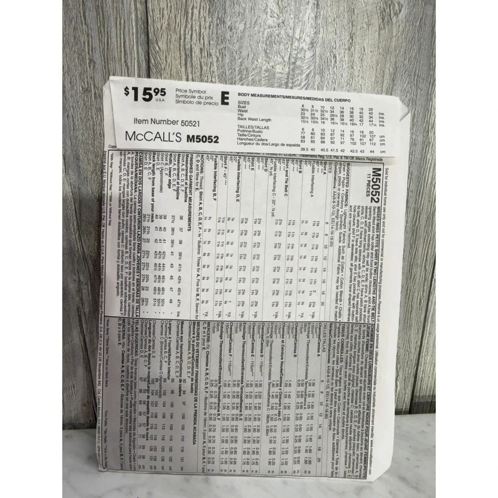 McCall's M5052 Sewing Pattern Womens Shirts Blouses Size 6-12 Tie Front Utility